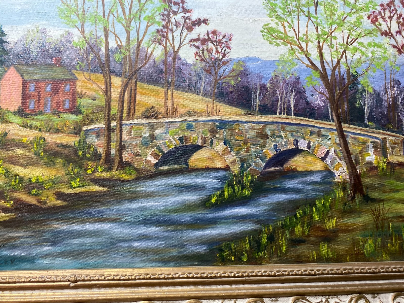 E.W Bailey «Stone Bridge And River Landscape Scene » Oil Painting -Signed/Framed