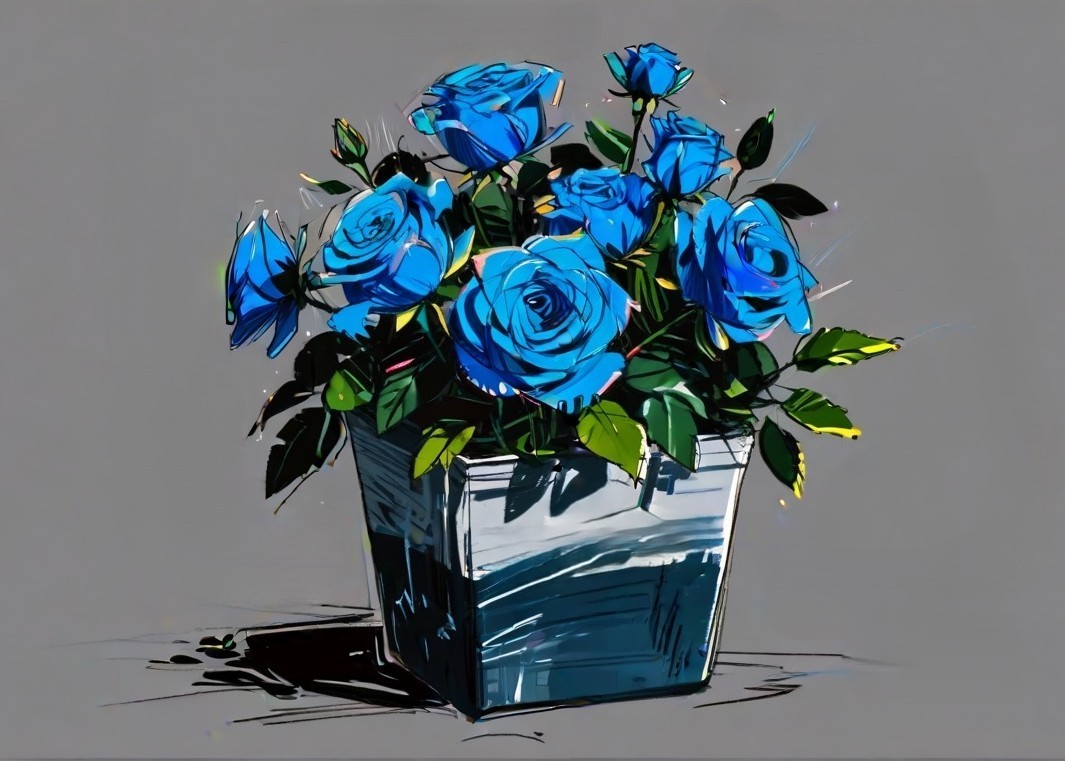 ACEO Mini *Art Print* Still Life & Vase with Royal Blue Roses Flowers by Saulite