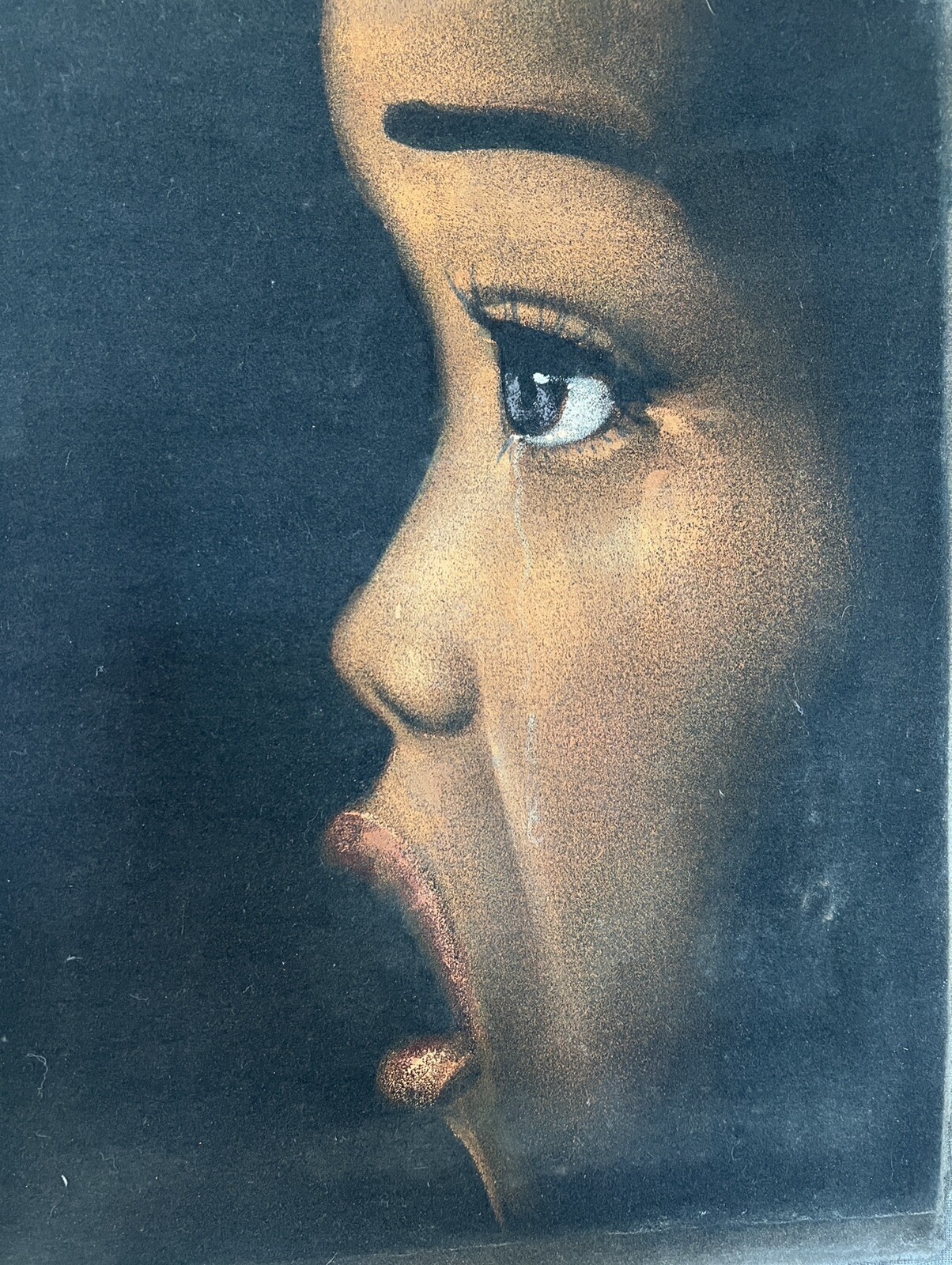 Crying Soul Woman Old vintage black velvet oil painting art