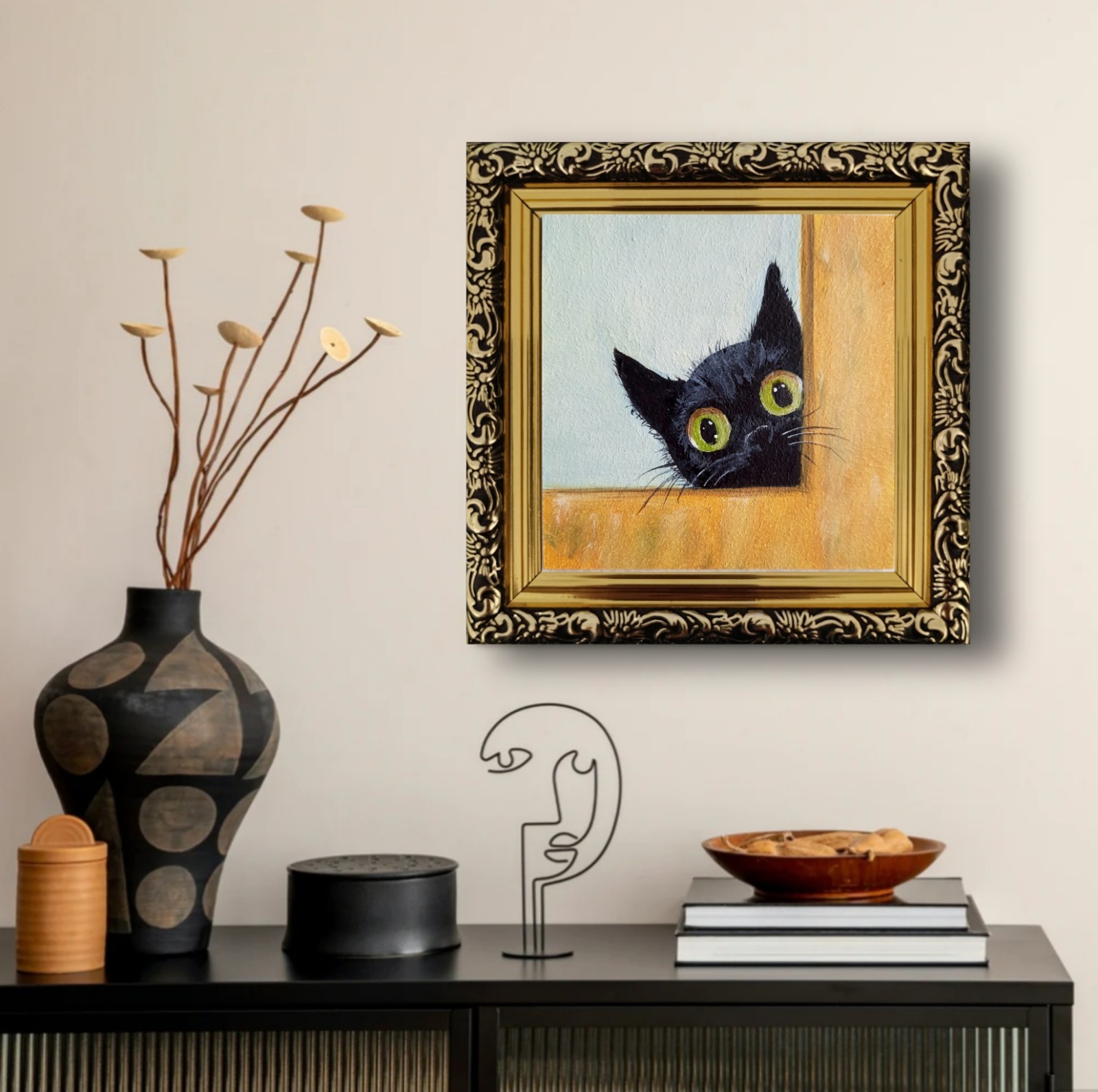 ORIGINAL Oil Painting Black Cat Handmade Miniature Contemporary Wall Art Animals