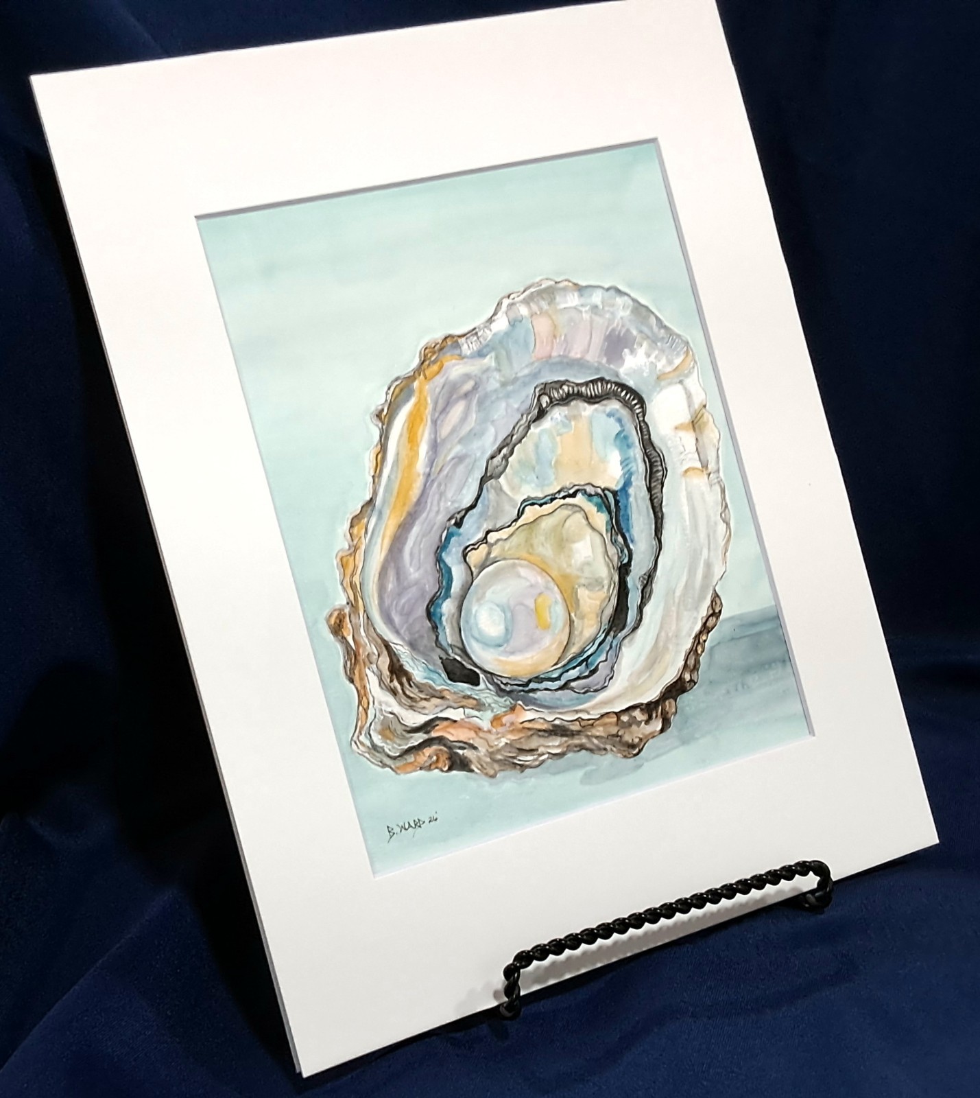 Oyster shell With Pearl Original watercolor 10″ x 8″ in acid free beveled mat