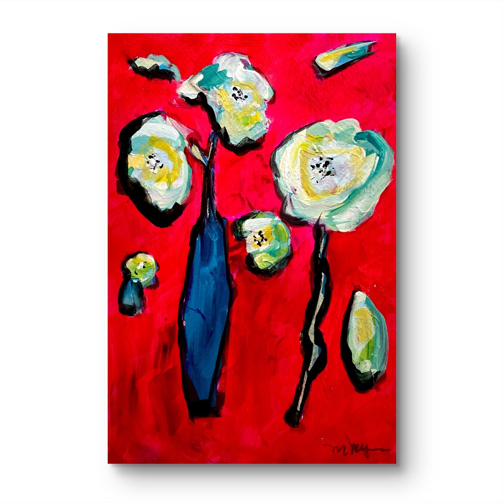 Mary Myers Original Abstract Expressionist Floral Red Acrylic Wood Panel