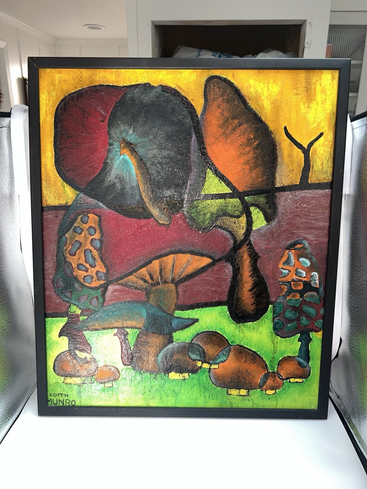 Vintage Mushroom Painting Cubist Style Original Art MCM Signed Groovy Abstract