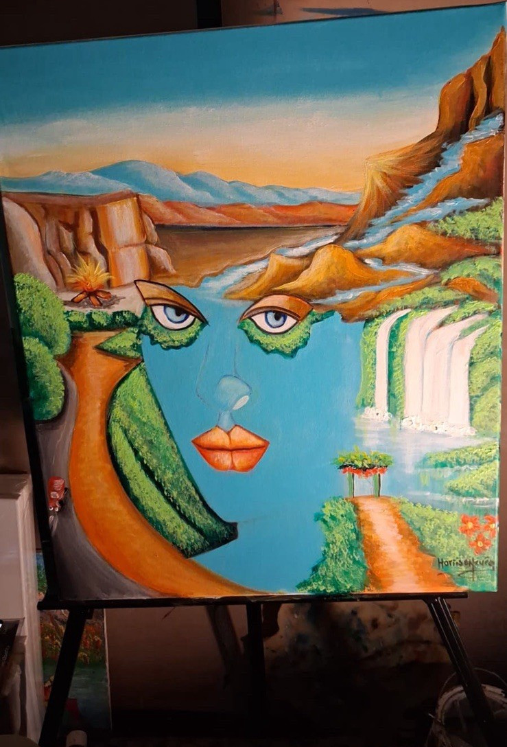 Horisnyan Surrealism Painting Woman Face Landscape Waterfall Mountains Signed
