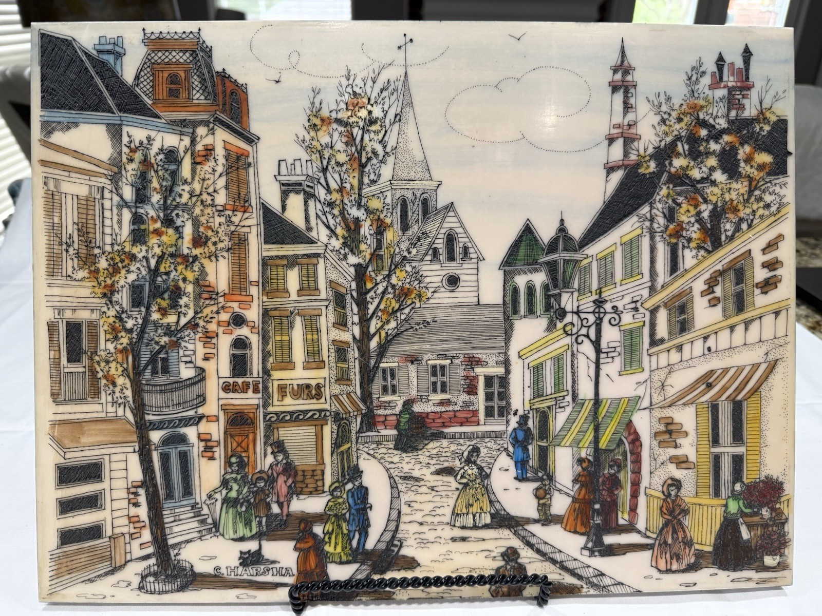 C. Harsha Vintage Victorian Street Store Scene Hand Painted Etching, 16” X 12”