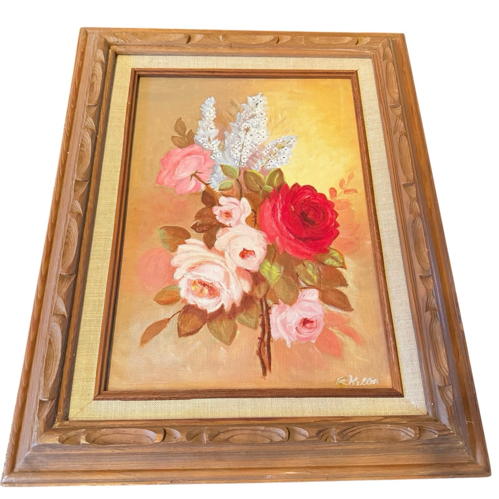 Signed R.Keller Flowers Original Oil Painting On Board Canvas Framed~ 19 x 15″