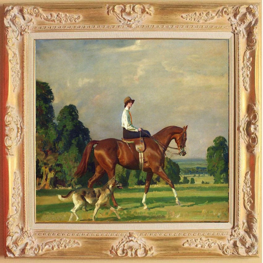 Hand Painted Oil Painting Vintage Lady Riding Horse with Hunting Dogs Canvas Art