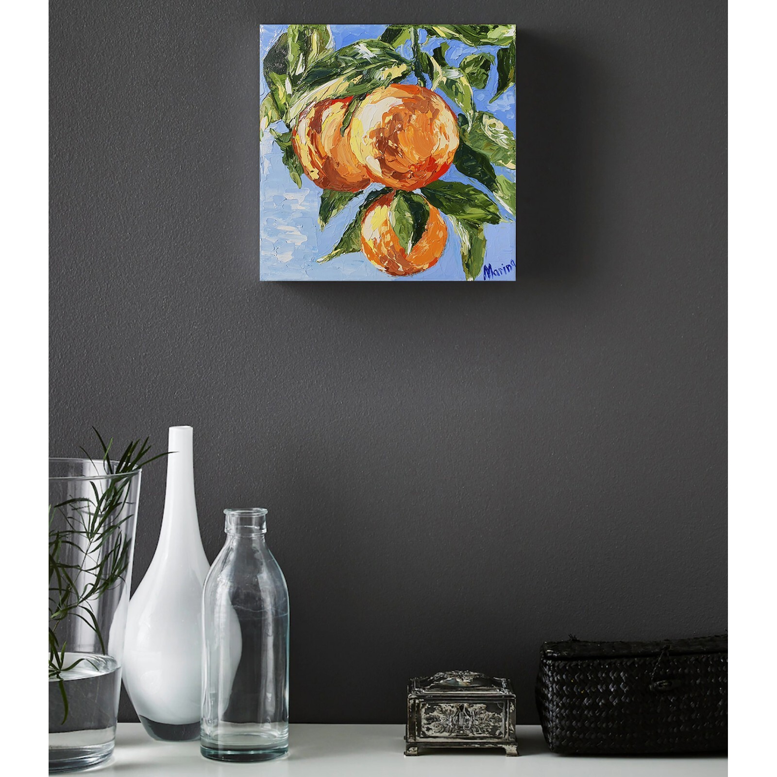 Orange Painting Tree Branch Original Art Citrus Fruit Still Life Small Vegetable