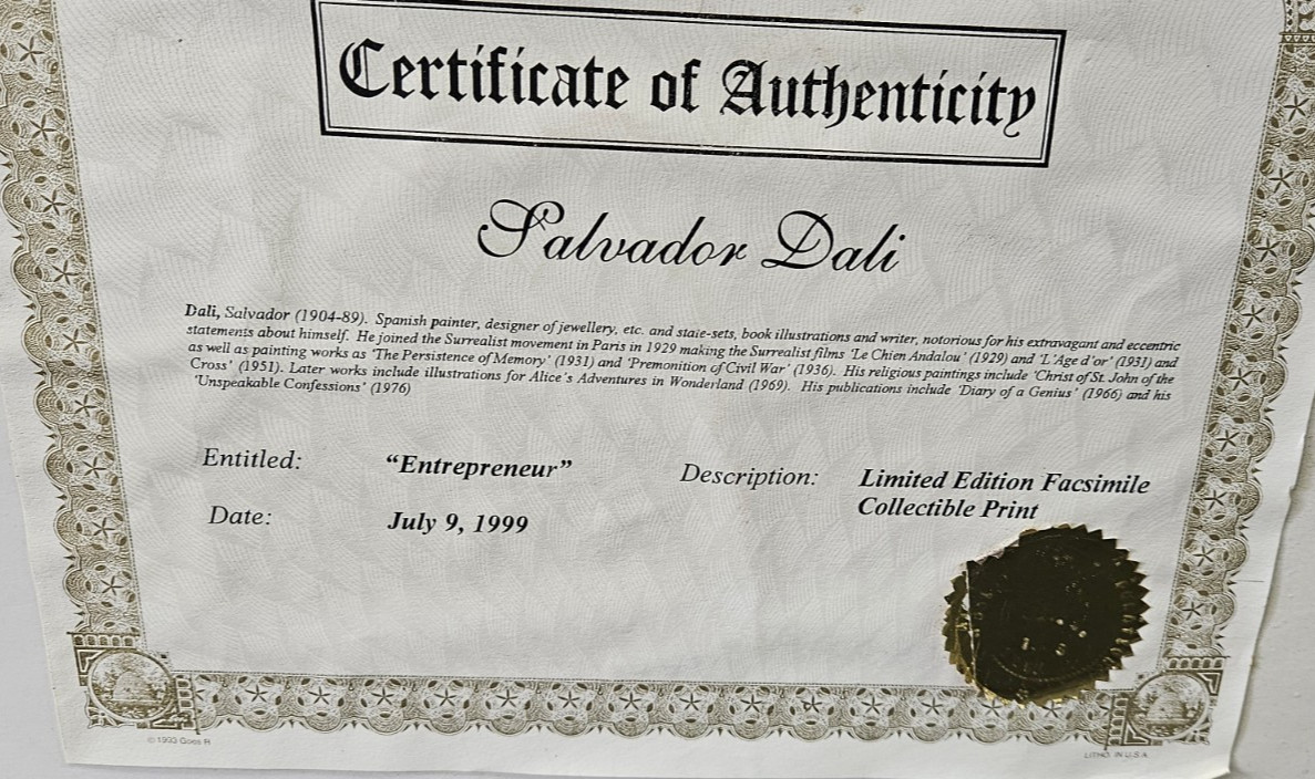 SALVADOR DALI Plate Signed «Entrepreneur» Limited Edition of 500 Lithograph COA