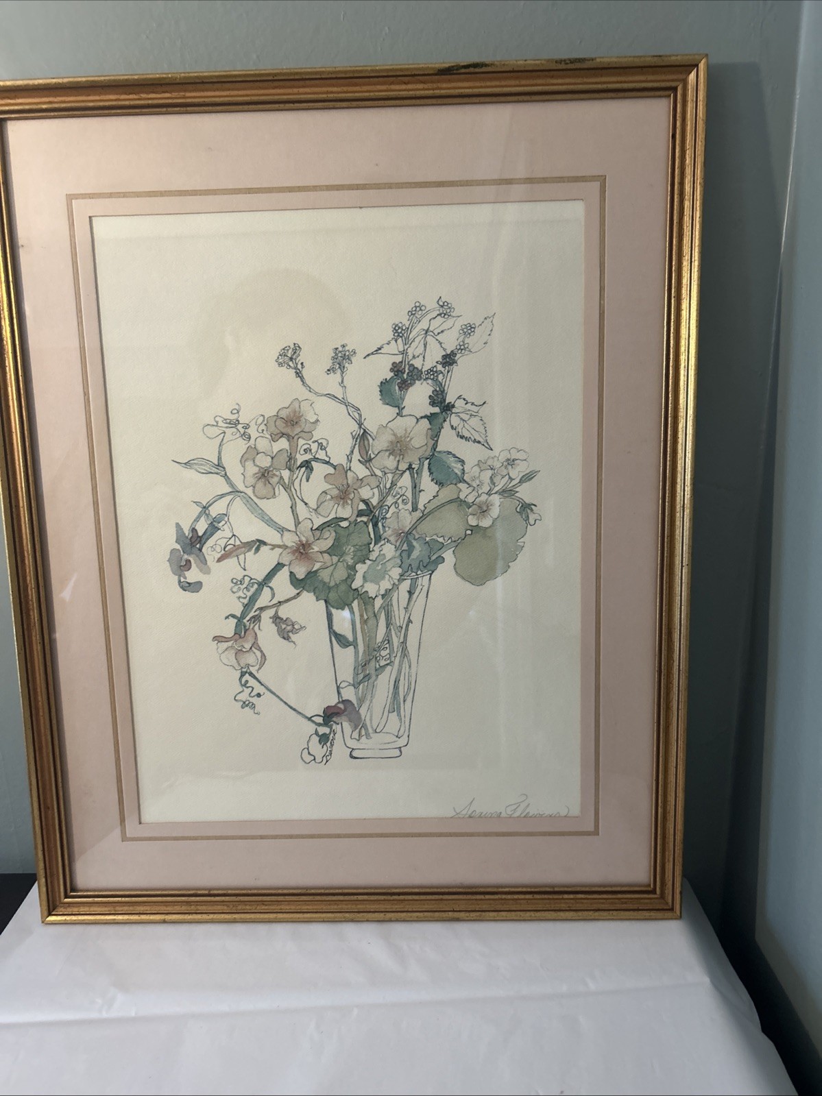 Original Watercolor By Lusana «Spring Flowers» 21″ x 17″ Framed/Matted Vintage