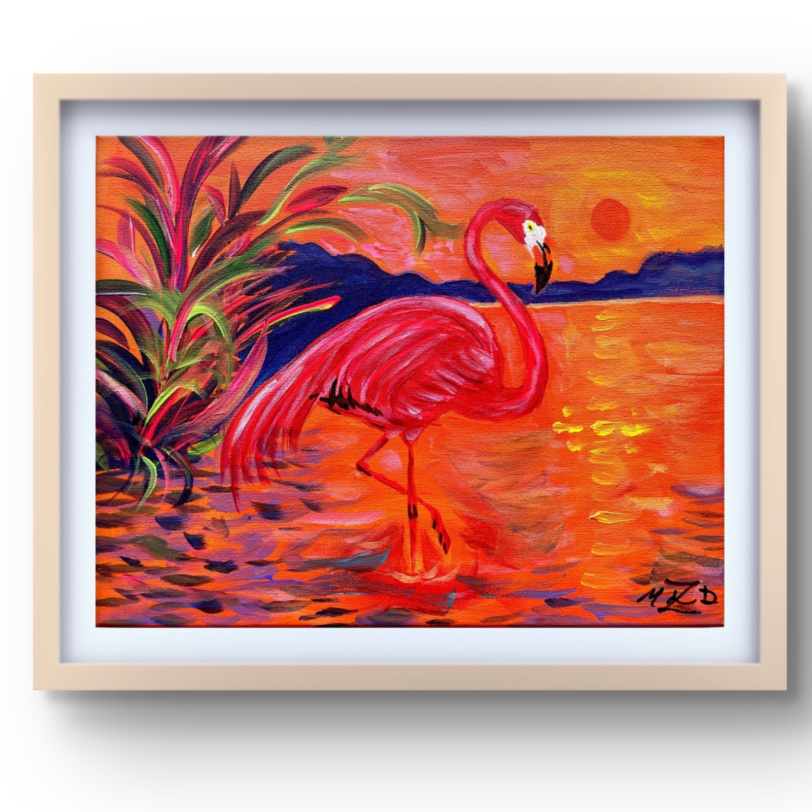 Original 11×14 Signed Pink Flamingo at Sunset Colorful Art Decor