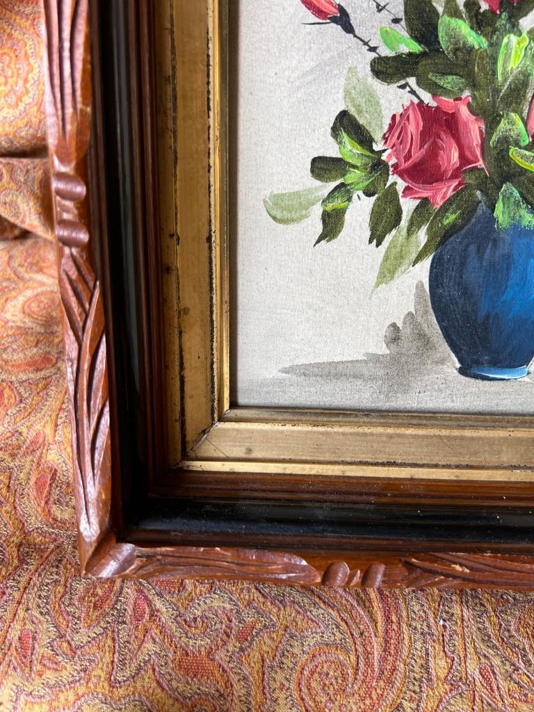 Old Vintage Signed Floral Oil Painting Still Life Flowers Antique Picture Frame