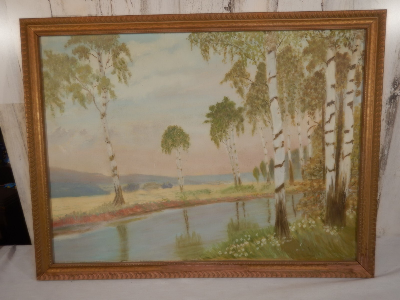 Vintage oil on canvas White Birch Trees and Lake landscape painting