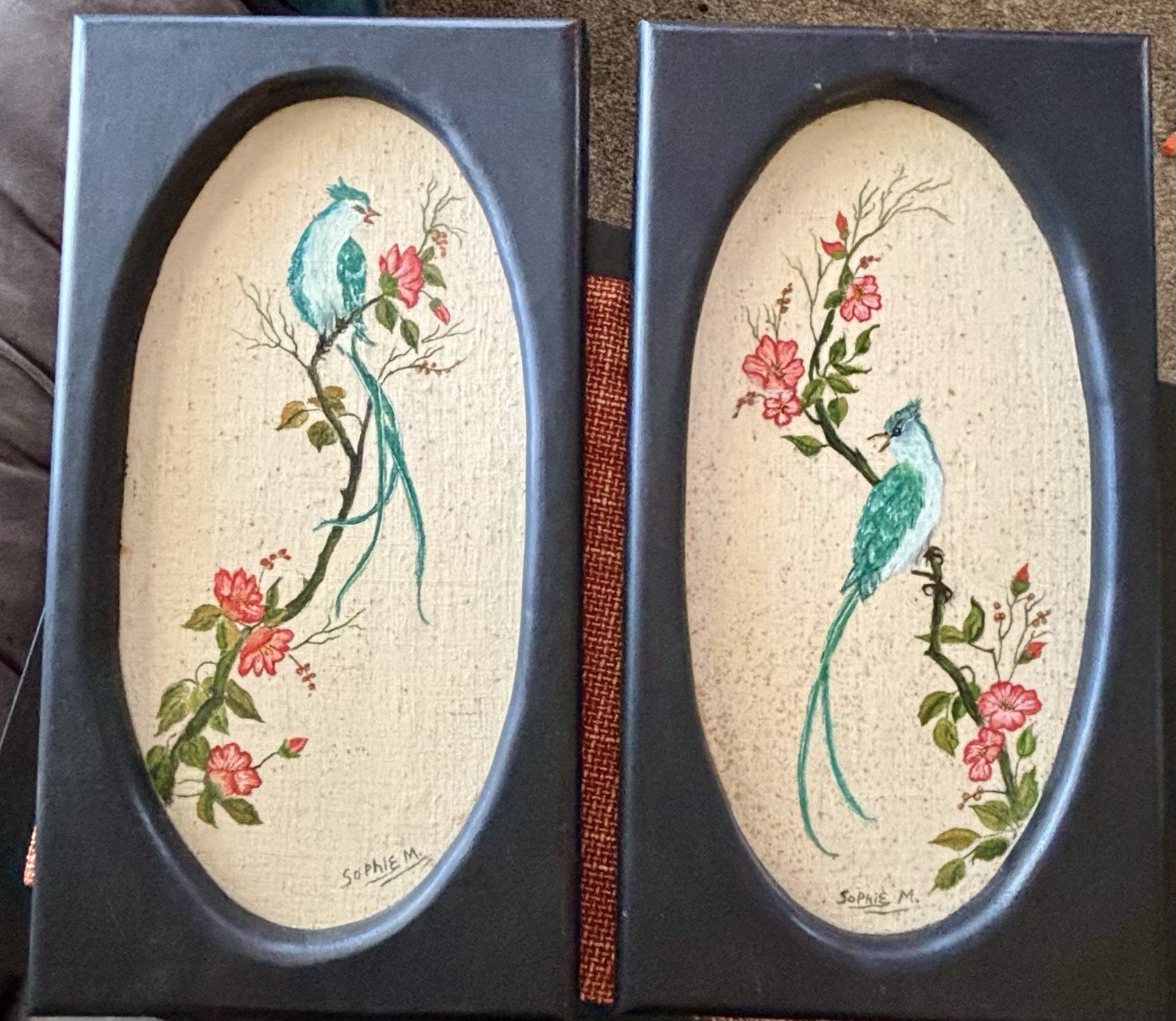 70’s Vintage Oil Painting Birds On Blossom Branch. Signed 18×10” Wood Frame