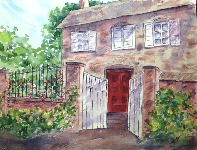 Cottage with Gate, Charming Country Home – ORIGINAL Watercolor -IMPRESSIONIST
