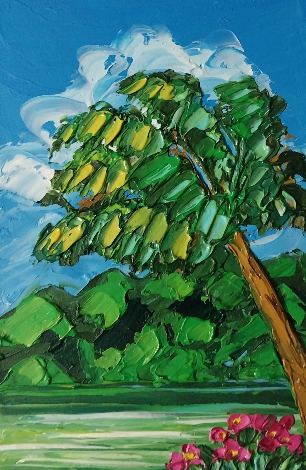 Framed Hawaii Palm Seashore Green Seascape 4×6” Impasto Oil Painting Original