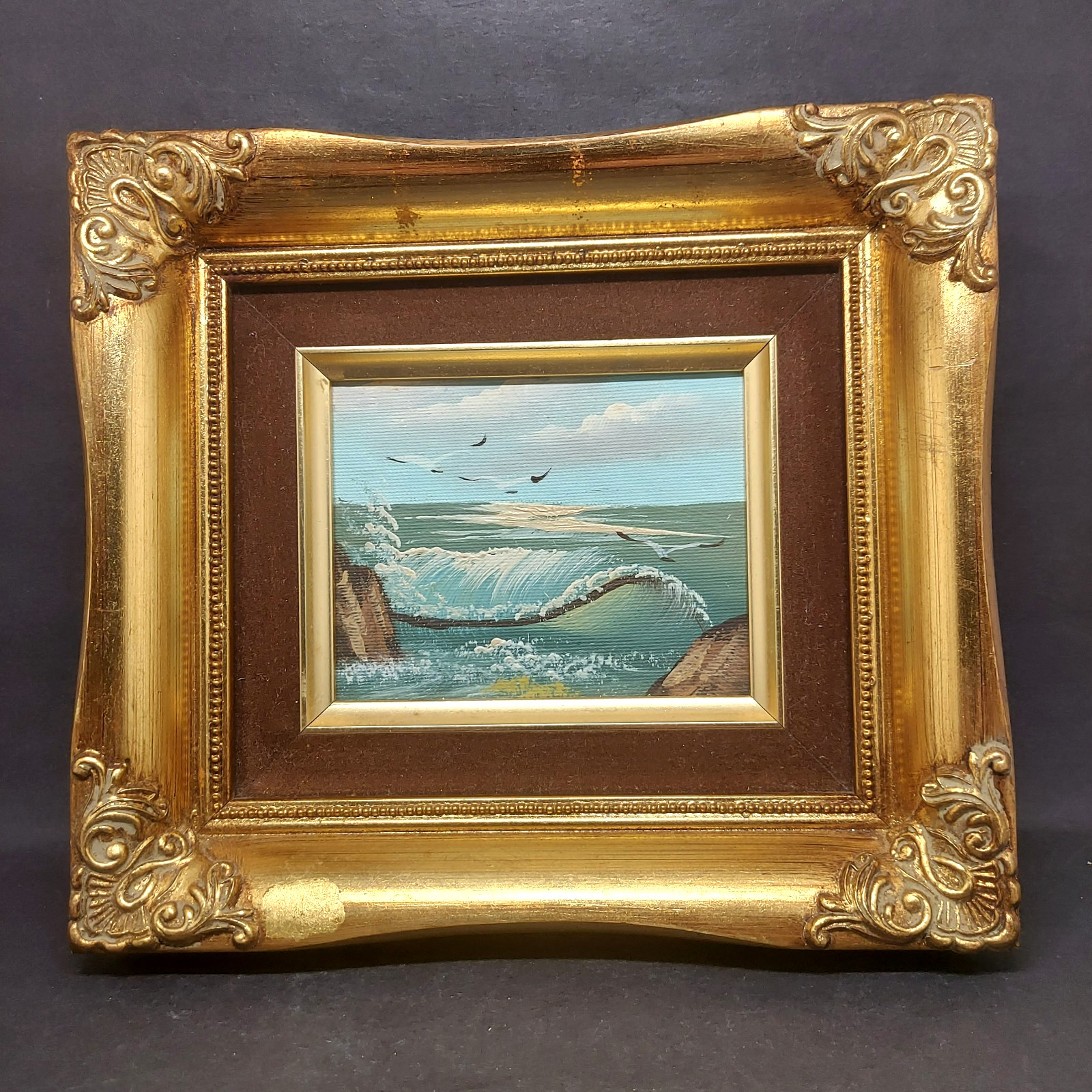 Small Oil Painting Seascape Seagulls Ocean Waves Ornate Gold Frame Felt Matted