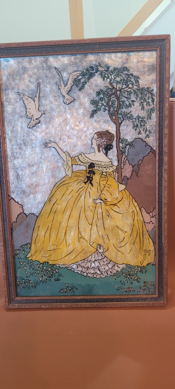 Art Nouveau antique antebellum Lady & Doves painting 19th centure