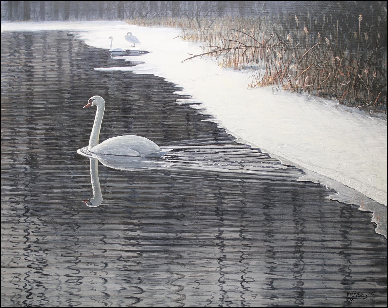 FRASE ORIGINAL LANDSCAPE PAINTING WINTER WILDLIFE BIRD SWAN SHIAWASSEE RIVER ART