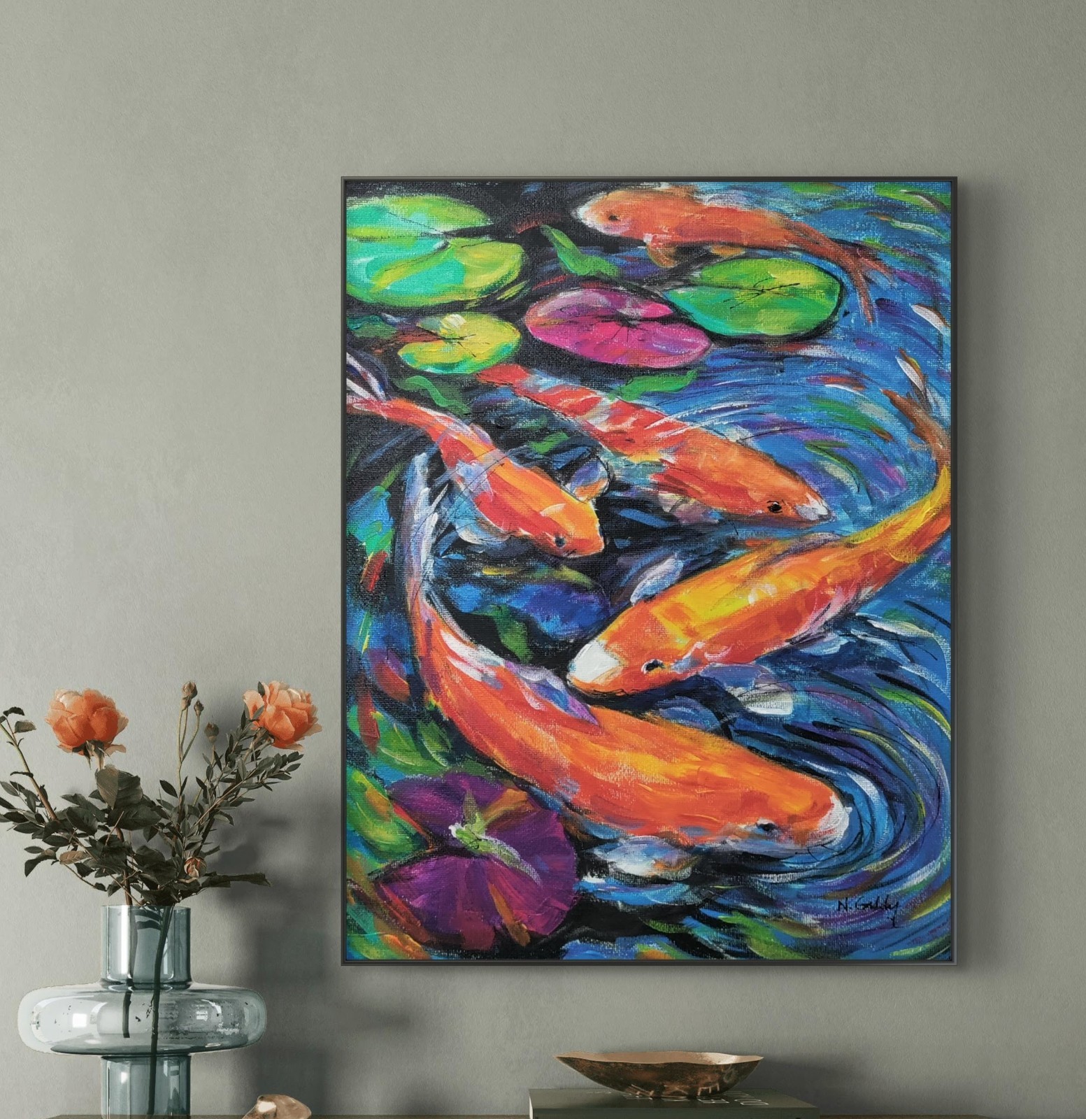 Original Abstract Expressionism Colorful Koi Fish 14 x 11 Canvas Wall Painting