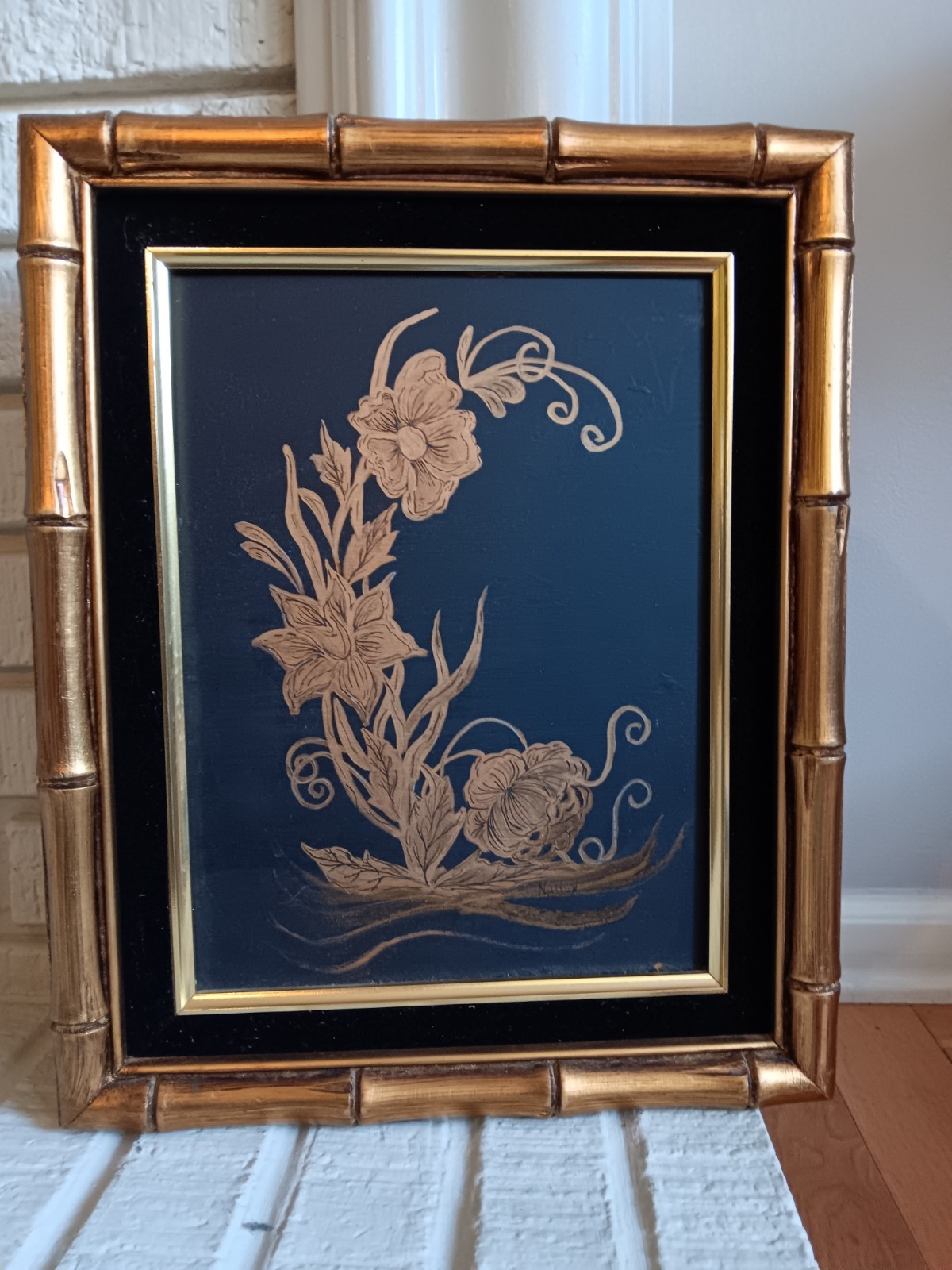 Vintage Asian Style Flower Print in a 16 x 12 Bamboo and Velvet Frame