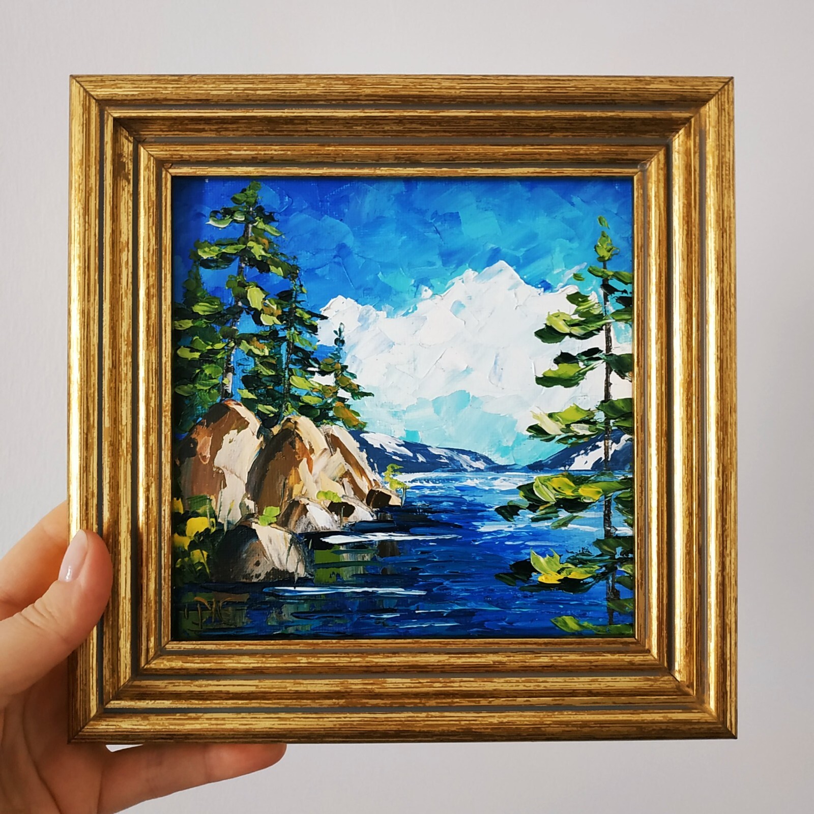 Lake Tahoe Original Painting Sequoia Hiking Impasto Oil Painting 3D Art 6×6