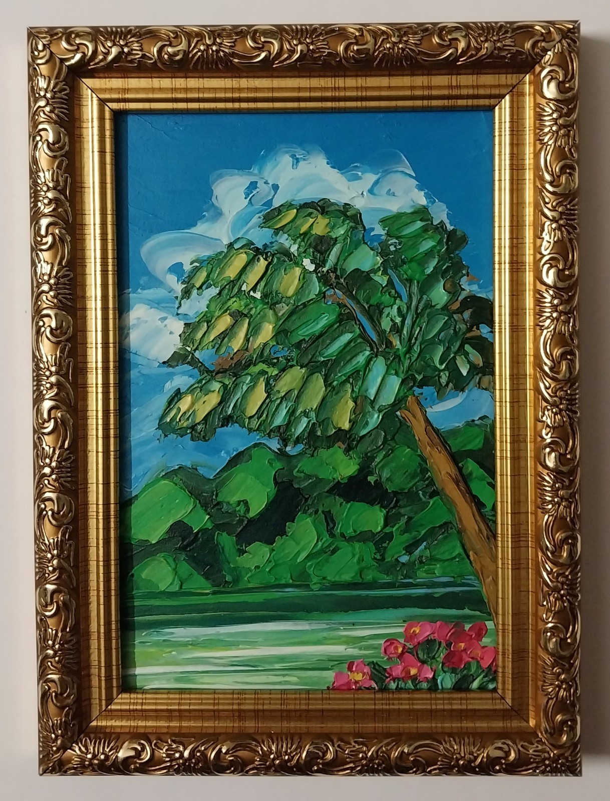 Framed Hawaii Palm Seashore Green Seascape 4×6” Impasto Oil Painting Original