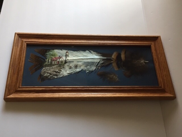 Lighthouse cottage ocean painted on turkey feather glass framed signed
