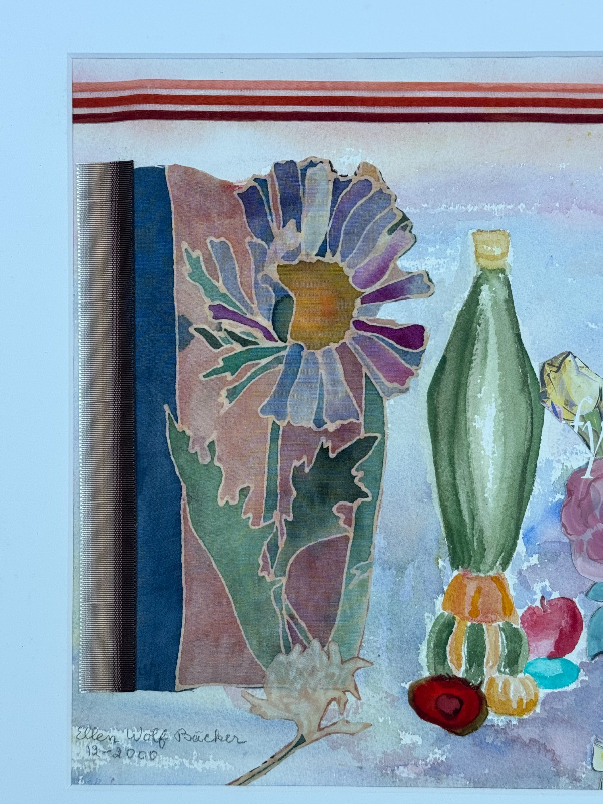 ELLEN WOLF BACKER SIGNED FLORAL PAINTING WATERCOLOR COLLAGE STILL LIFE ART 2000