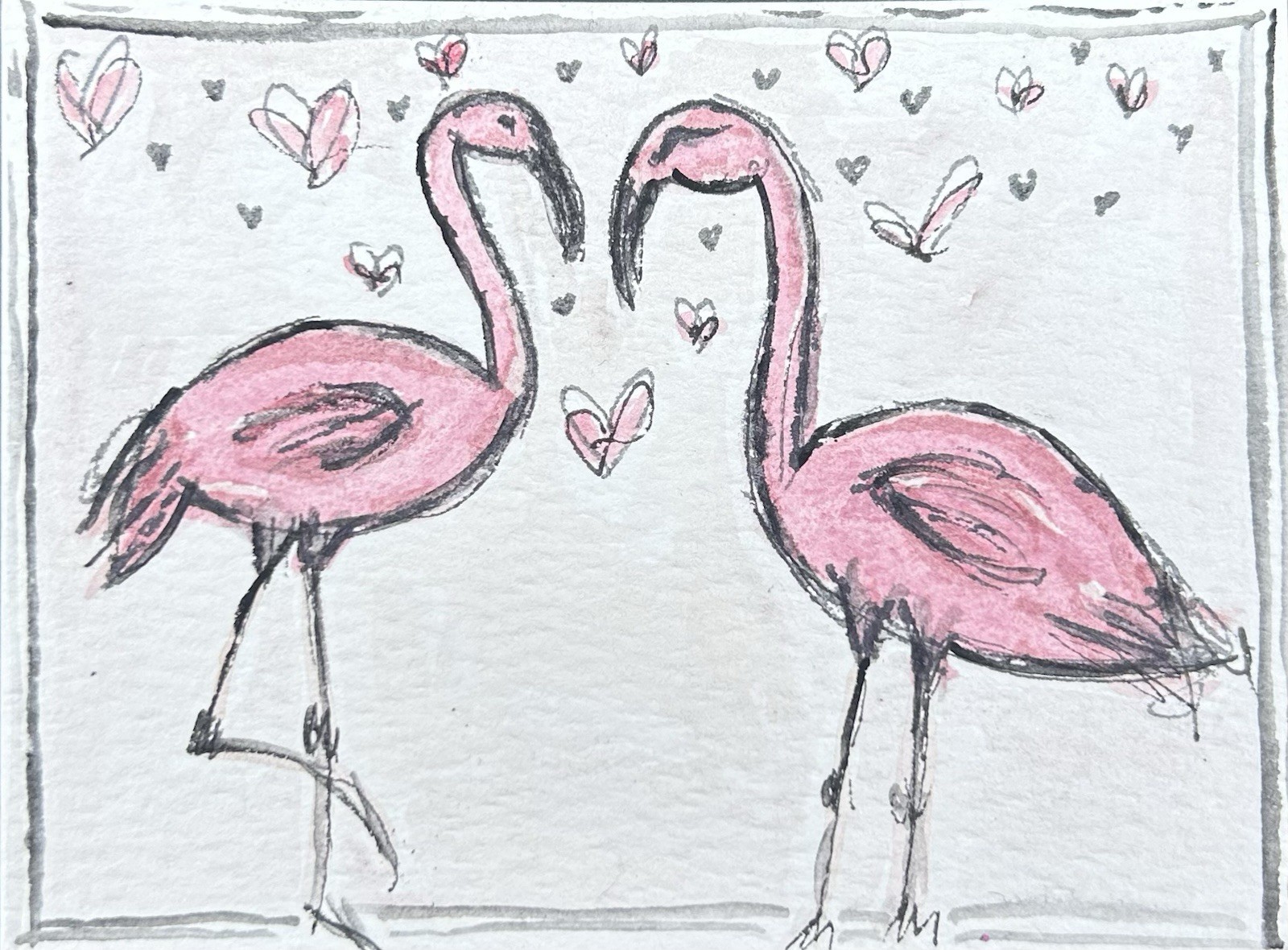 ACEO Original Couple Pink Flamingos Love Birds Art Card Miniature Painting