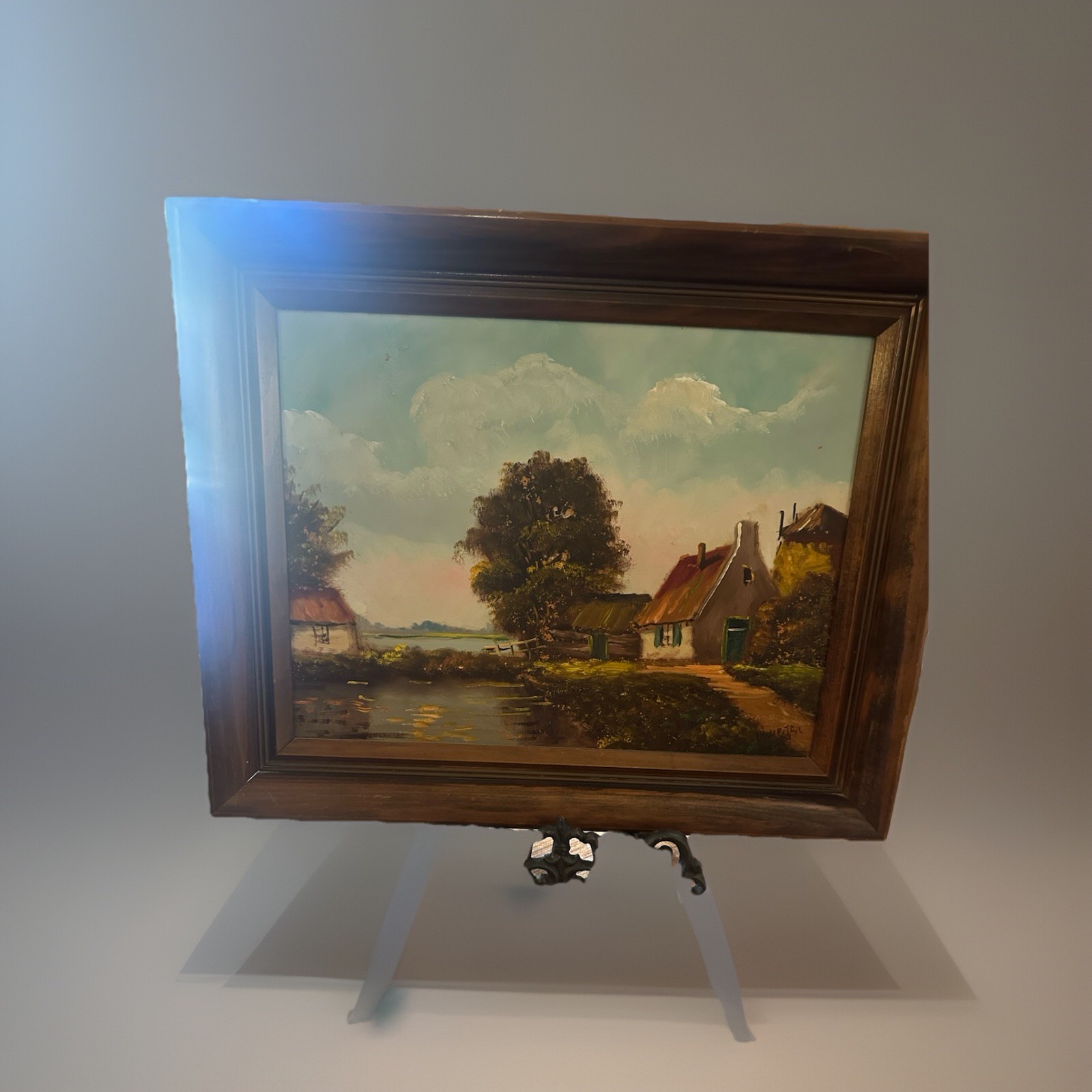 2 Original H. Wester Signed Oil Paintings House By The Lake, Wood Frame Holland