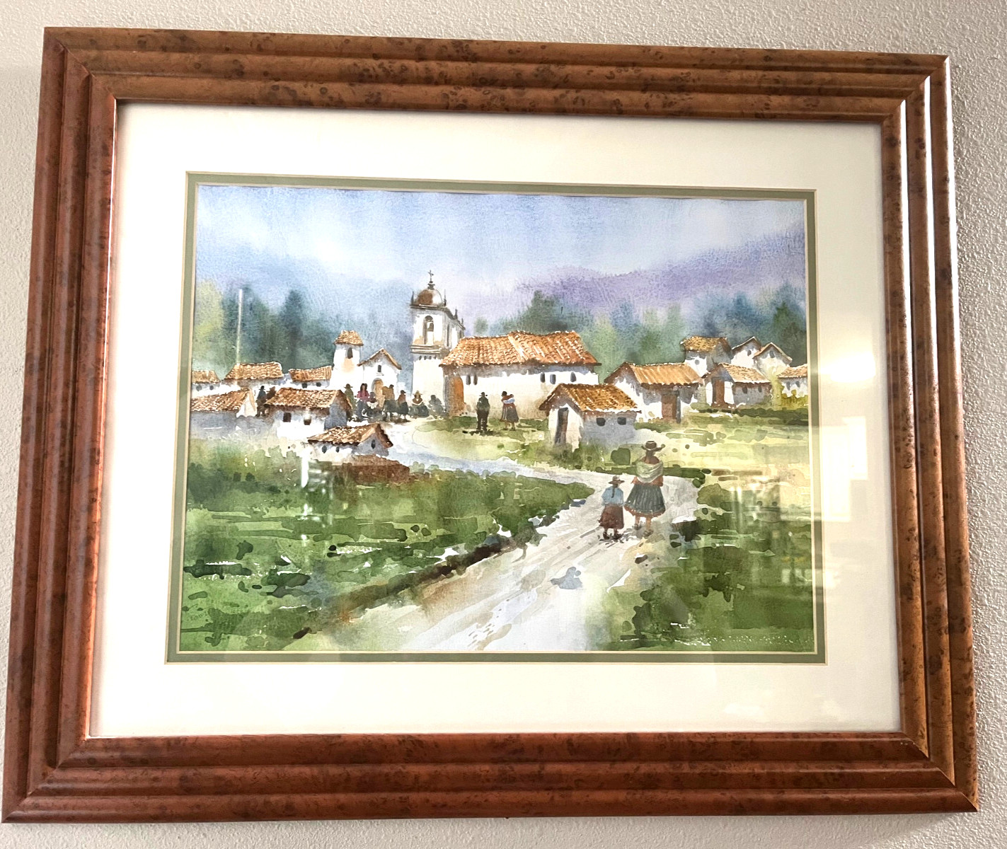 Framed Peruvian Village Watercolor Original Painting 15.5 x 11.5