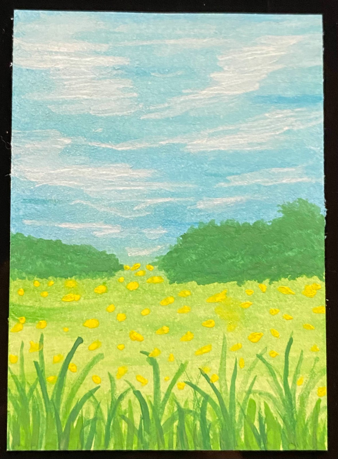 ACEO Original Landscape Watercolor Yellow Flowers Field Sky Artwork Atc Mini Art