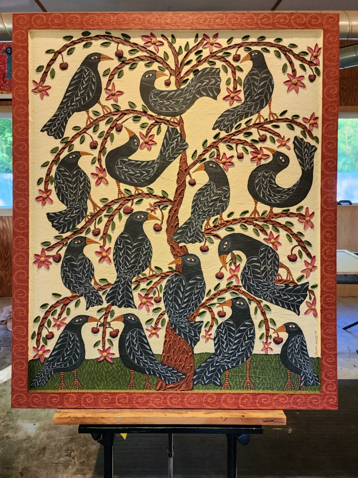 Danette Sperry Southern Primitive Crow Bird Folk Art Painting «Cherry Paradise «