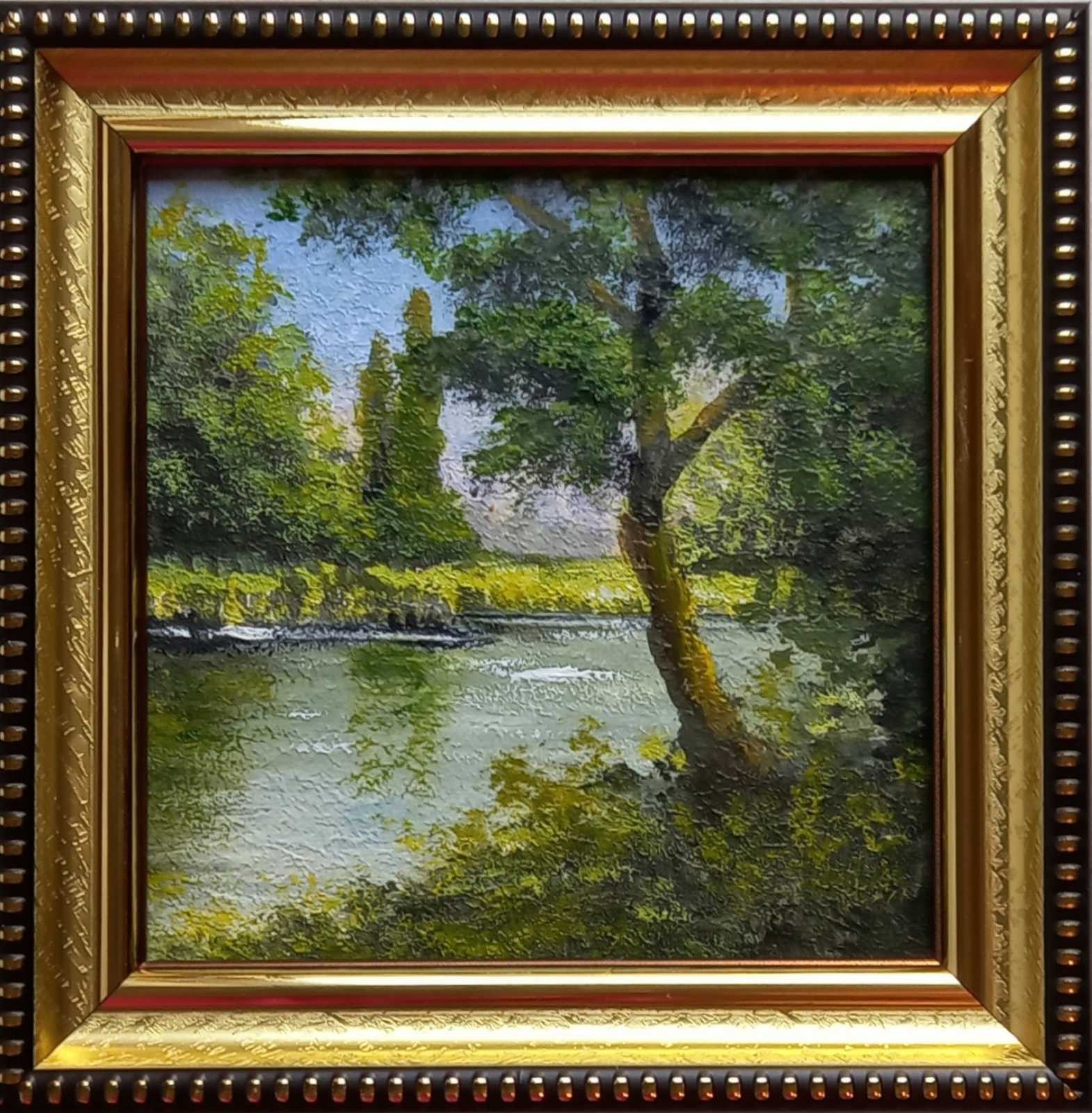 Original Oil Painting Landscape Summer Lake and Forest Framed Wall Art 4 x 4 in
