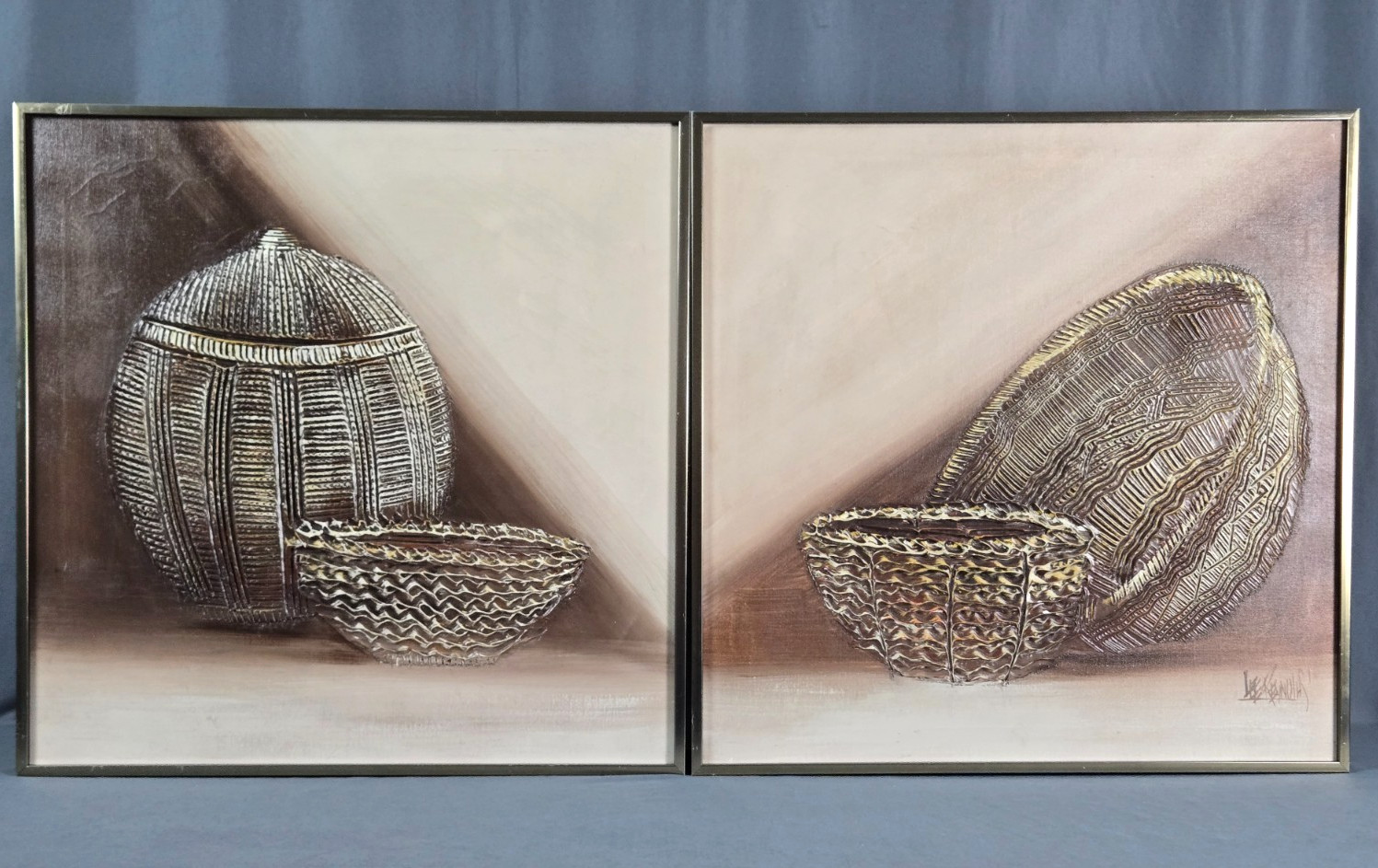 Pair Lee Reynolds Baskets acrylic paintings on canvas, Vanguard Studios 24″