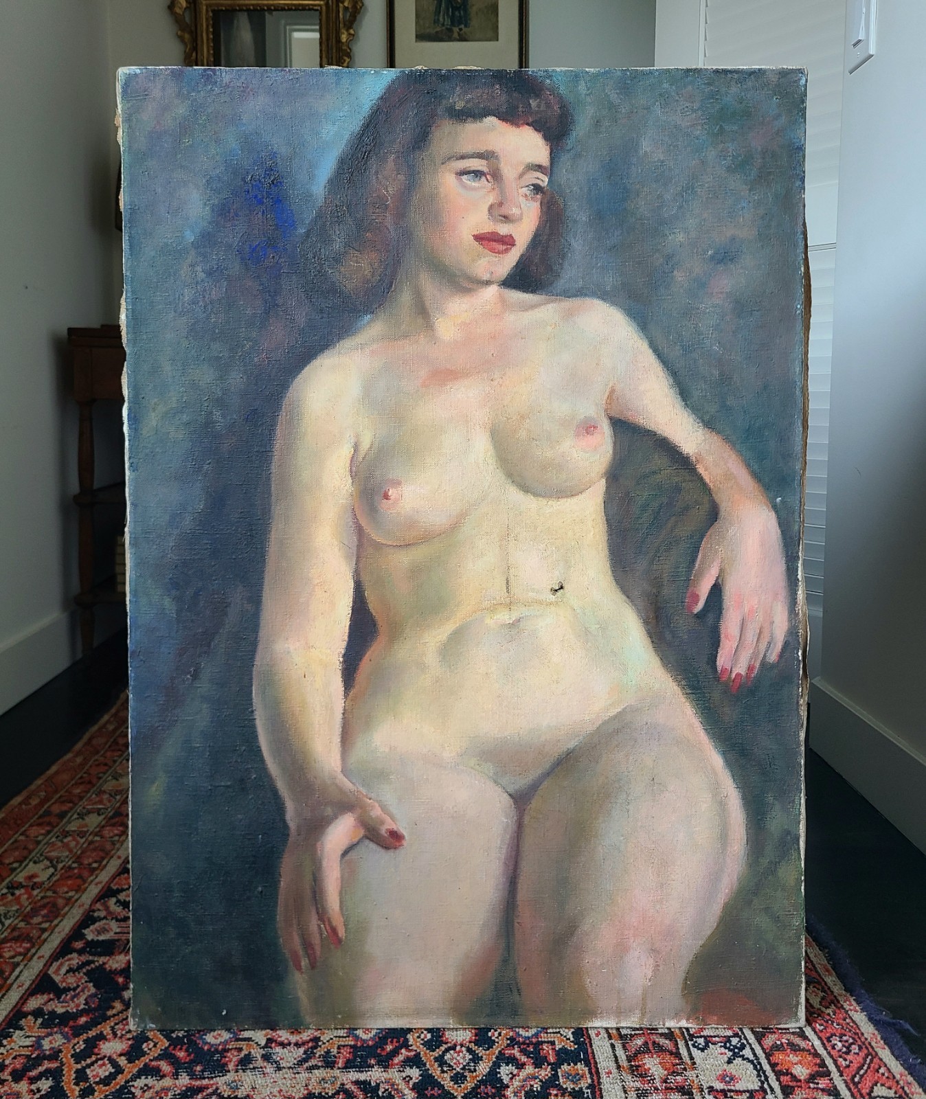 Moody Vintage 1950’s Oil Painting Nude Portrait of a Bettie Page Esque Woman