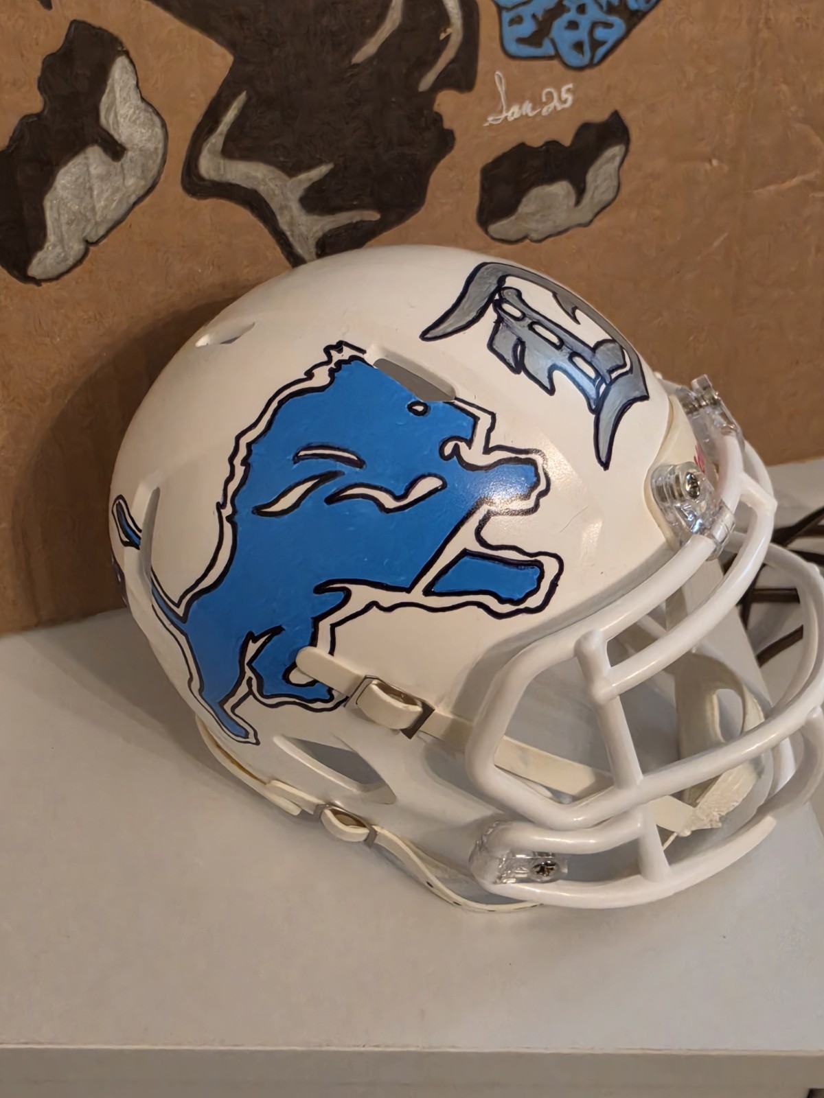 OOAK original Altered Hand Painted Detroit Lions Mini Speed Helmet & Painting