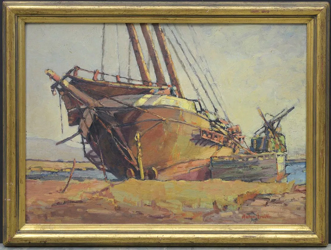 Helen Safford Smith (American, 1871-1954), Beached Boat, 18″x24″ oil CALIFORNIA