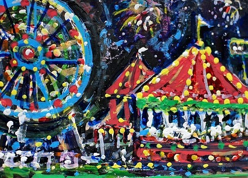 ORIGINAL ACEO Painting CARNIVAL Fair Amusement Park Ocean City Rides Fun ATC ART