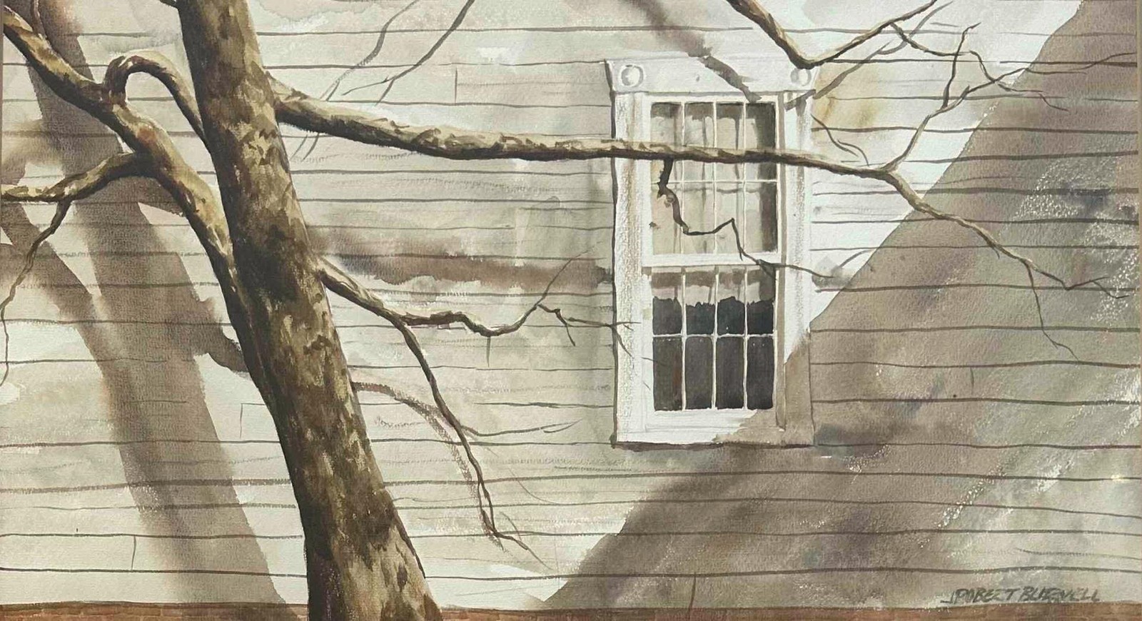 J Robert Burnell -Watercolor in manner of Andrew Wyeth -House w/Tree Shadows