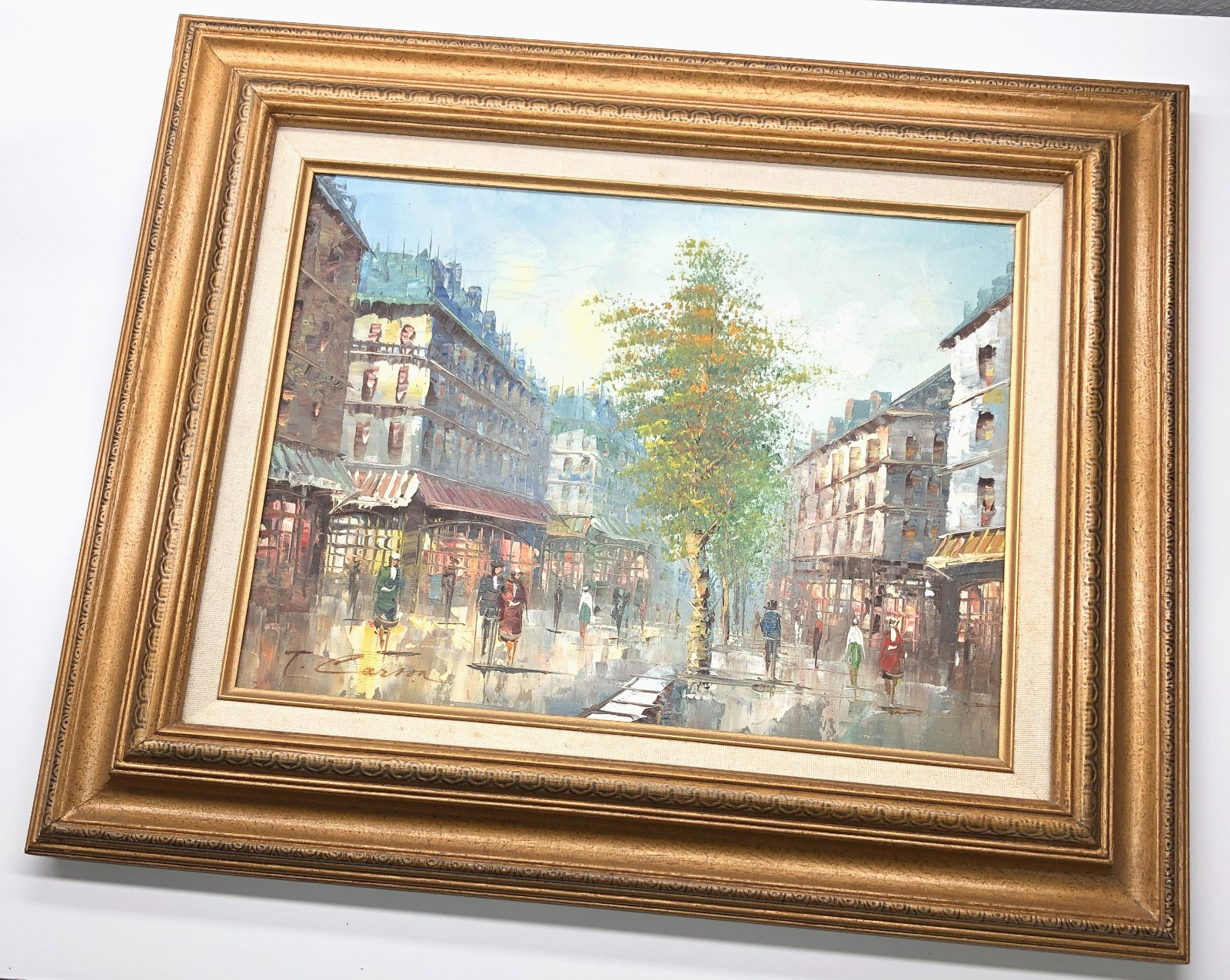 Vintage T. Carson Textured Framed Oil Painting Canvas Signed Parisian Street