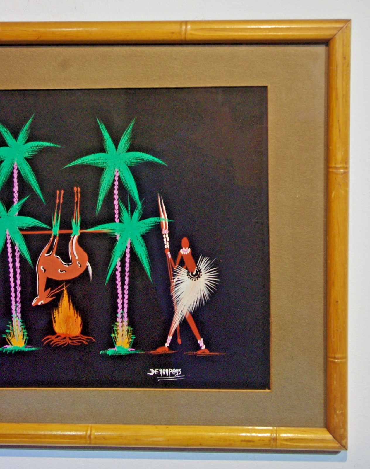 Vintage African Folk Art- Framed Signed De Noppens- Tribal Village LifeC1950s