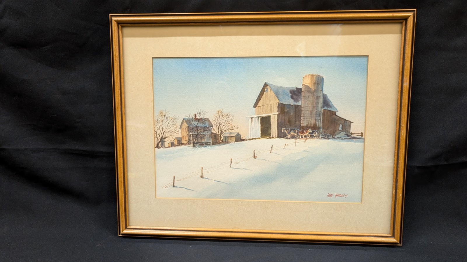 Vintage Art Winter Landscape with Barn and Silo by Ray Thorley 1968-1974 Framed