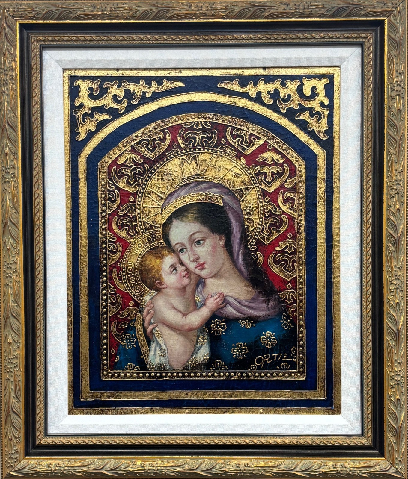 Ortiz «Mother & Child» (Ave Maria) Hand Painted Oil Framed Religious Art New