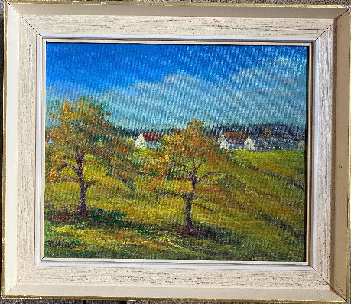 ::OIL PAINTING SIGN.F.MIKA AUTUMN LANDSCAPE WITH VILLAGE AND FOREST IN MEADOWS
