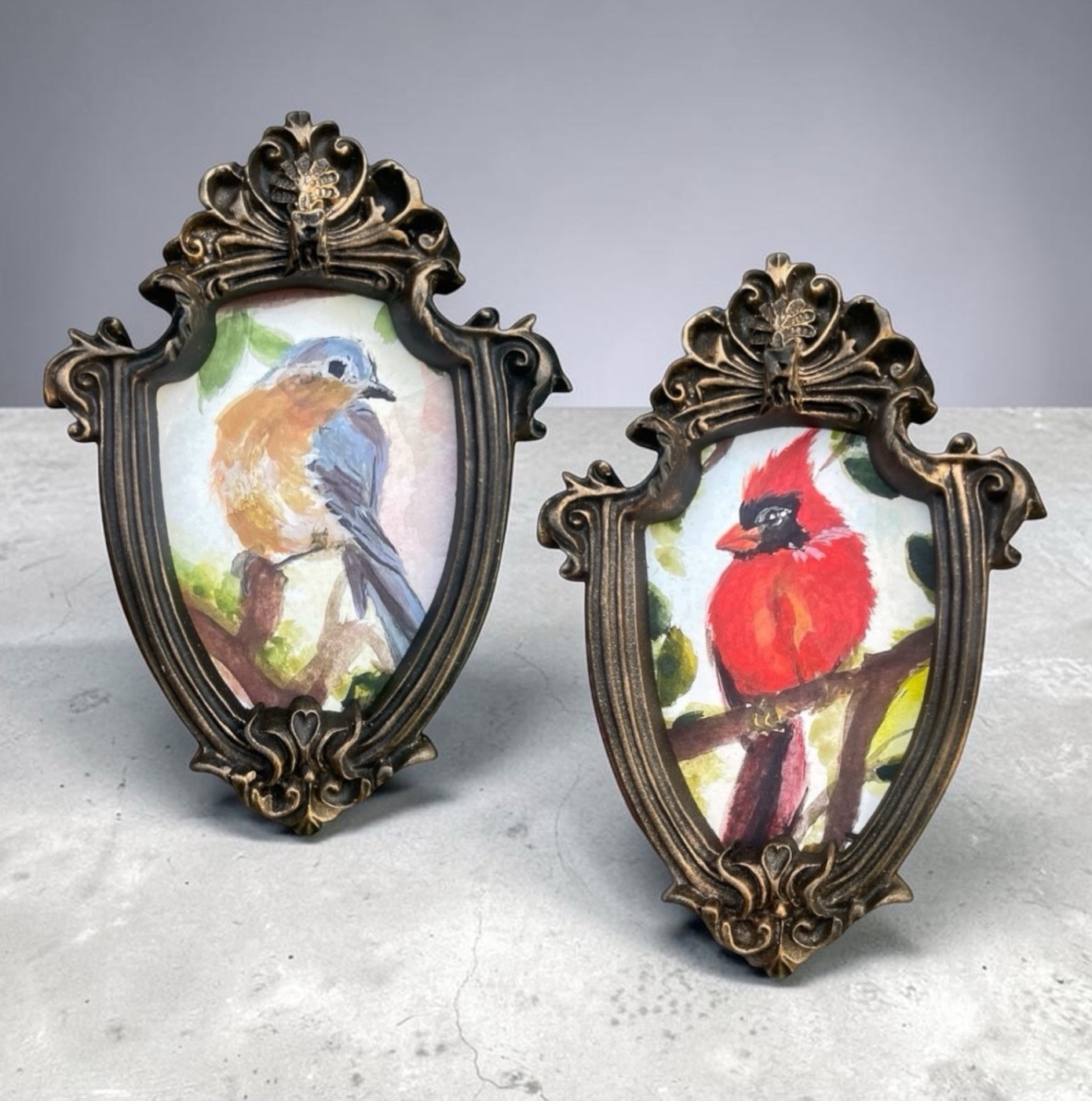 Set Of 2 Bluebird & Cardinal mini watercolor bird print in vintage ornate frame