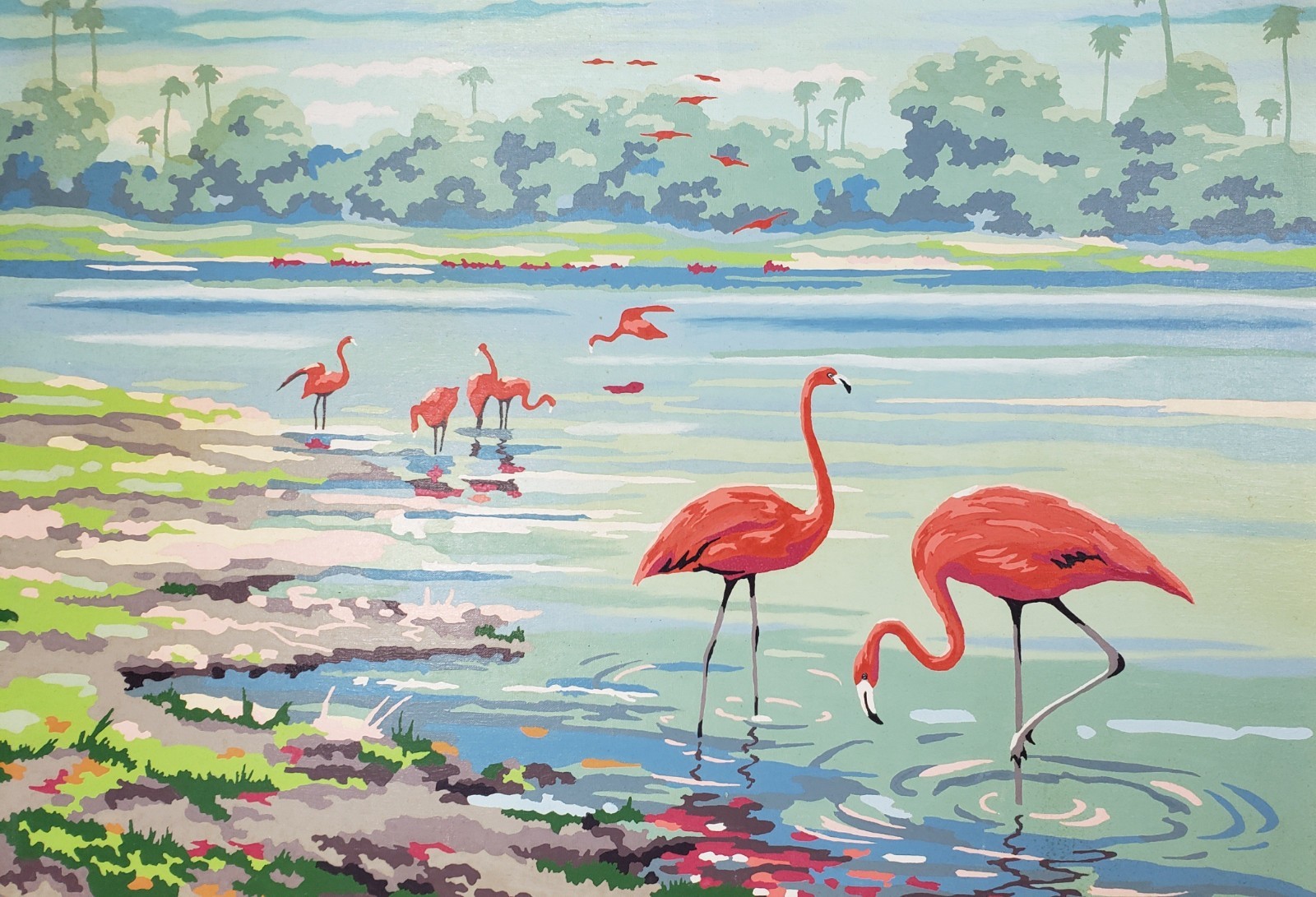 Vintage MCM Paint By Numbers FLAMINGO BAY Painting 24×18 Craftint Framed 1950s