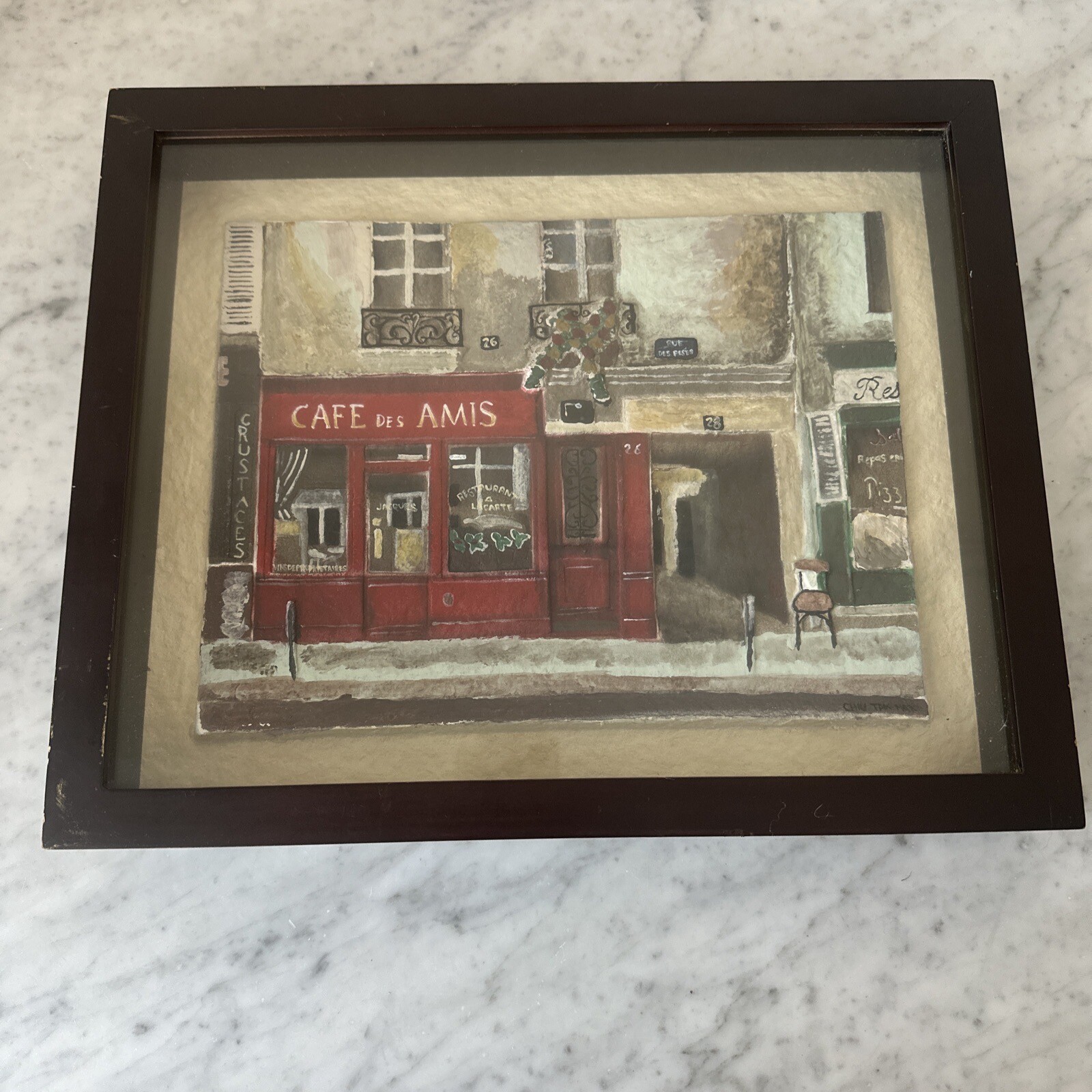 Cafe Des Amis Paris At Christmas Oil Vintage Painting By Chiu Tak Hak B. 1943