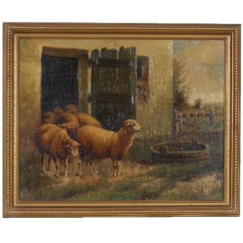 Untitled (Sheep Leaving Barn) Signed Oil Painting by Vitollo 17 1/2″x21 1/2″